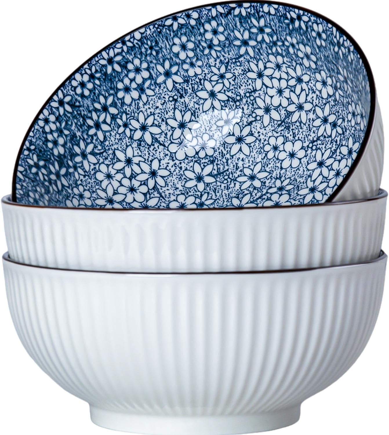 60 oz Large Soup Bowls, Pho Bowls, 8 Inch Blue and White Ceramic Japanese Ramen Bowls Set of 3 - Floral Pattern