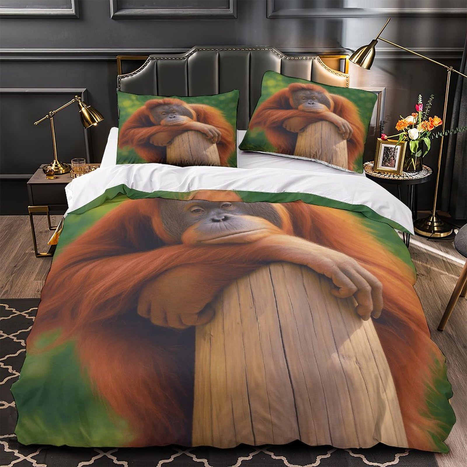 Parure de lit Orang-outan 3D anti-décoloration en microfibre pour grand lit