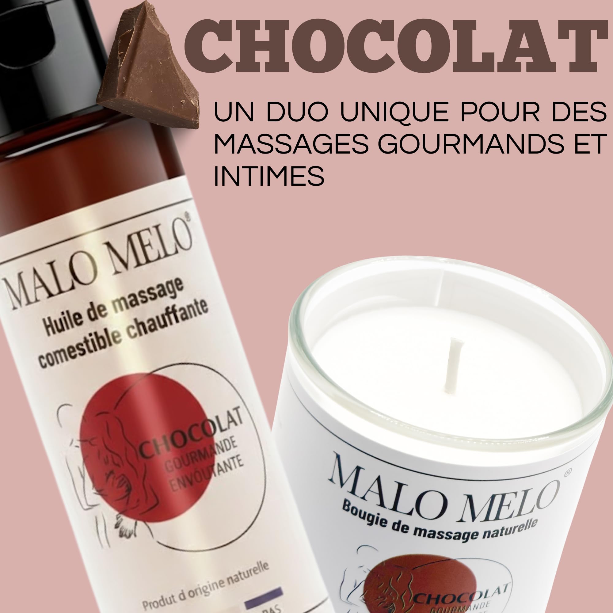 Duo massage sensuel I Huile de massage comestible érotique sexuelle lubrifiante & Bougie de massage sensuelle gourmande I Chocolat