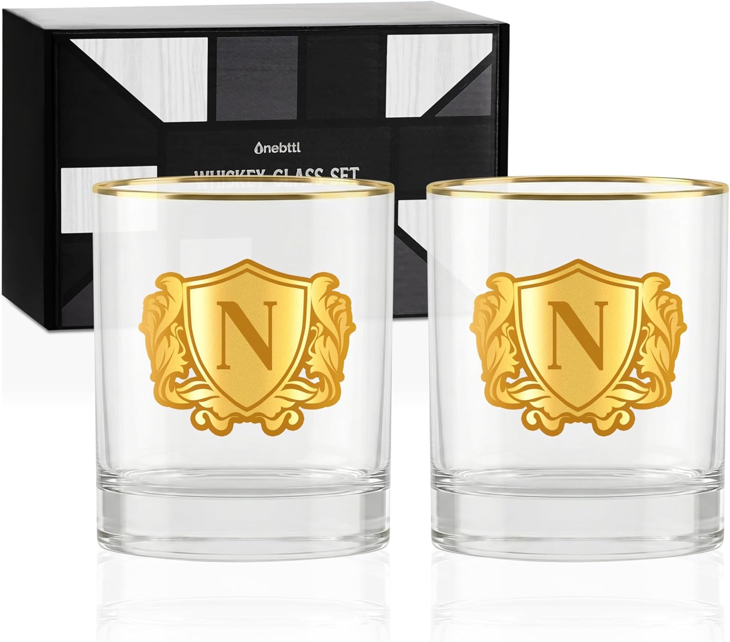 Onebttl Personalized Whiskey Glasses for Men, Custom Alcohol Gifts for Whiskey Lovers, Set of 2, Unique Birthday, Christmas Gifts for Him, N