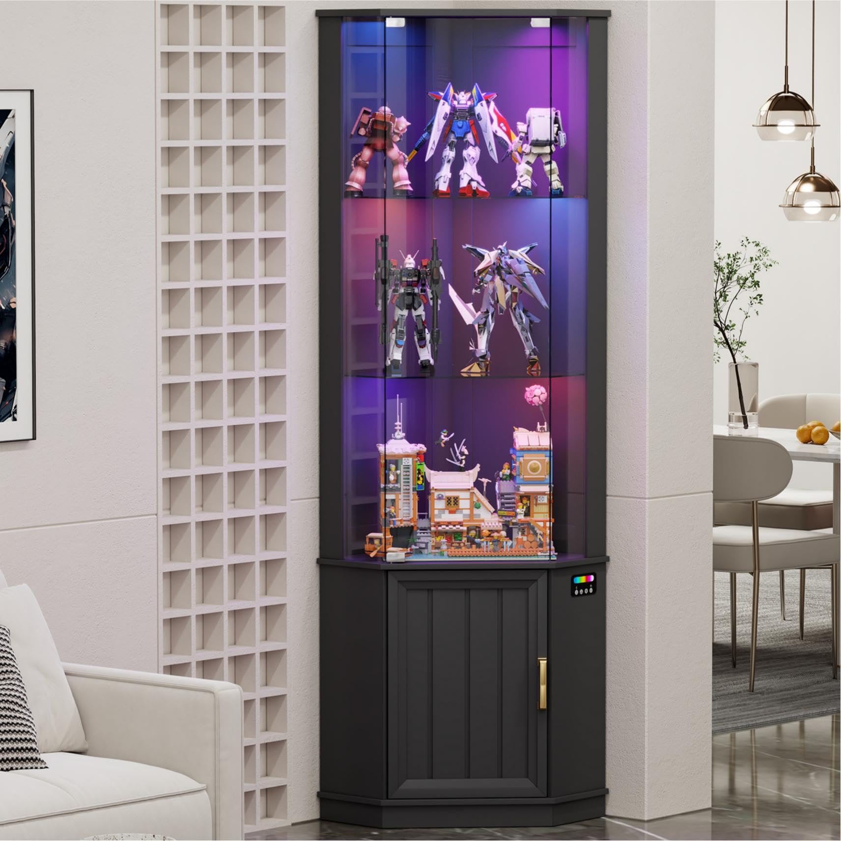 Gurexl 65" Corner Display Cabinet,Bookcase with RGB 24 Colors Dimmable,Curio Display with Glass Doors and Human Sensor,Floor Cabinets with 2 Adjustable Glass Shelves,For Bedrooms,Study,Black