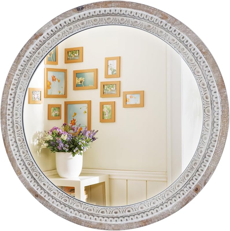 Espejo redondo de pared de 24.0 in, espejos circulares decorativos de madera, espejos bohemios con marco de cuentas, espejo de tocador rústico, espejo envejecido para baño, sala de estar, dormitorio, entrada