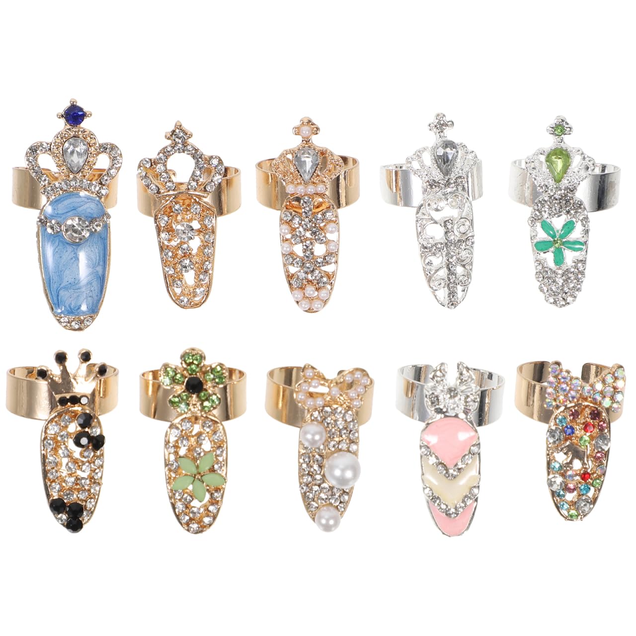 KALLORY 10pcs Ring Punk Full Finger for Flower Crystal Rings Nails Art Jewelries Opening Cap Fingernail Alloy Cover Halloween Christmas Nail Loop Girls Bow Tip Decoration 3.7x1.6cm As Shown
