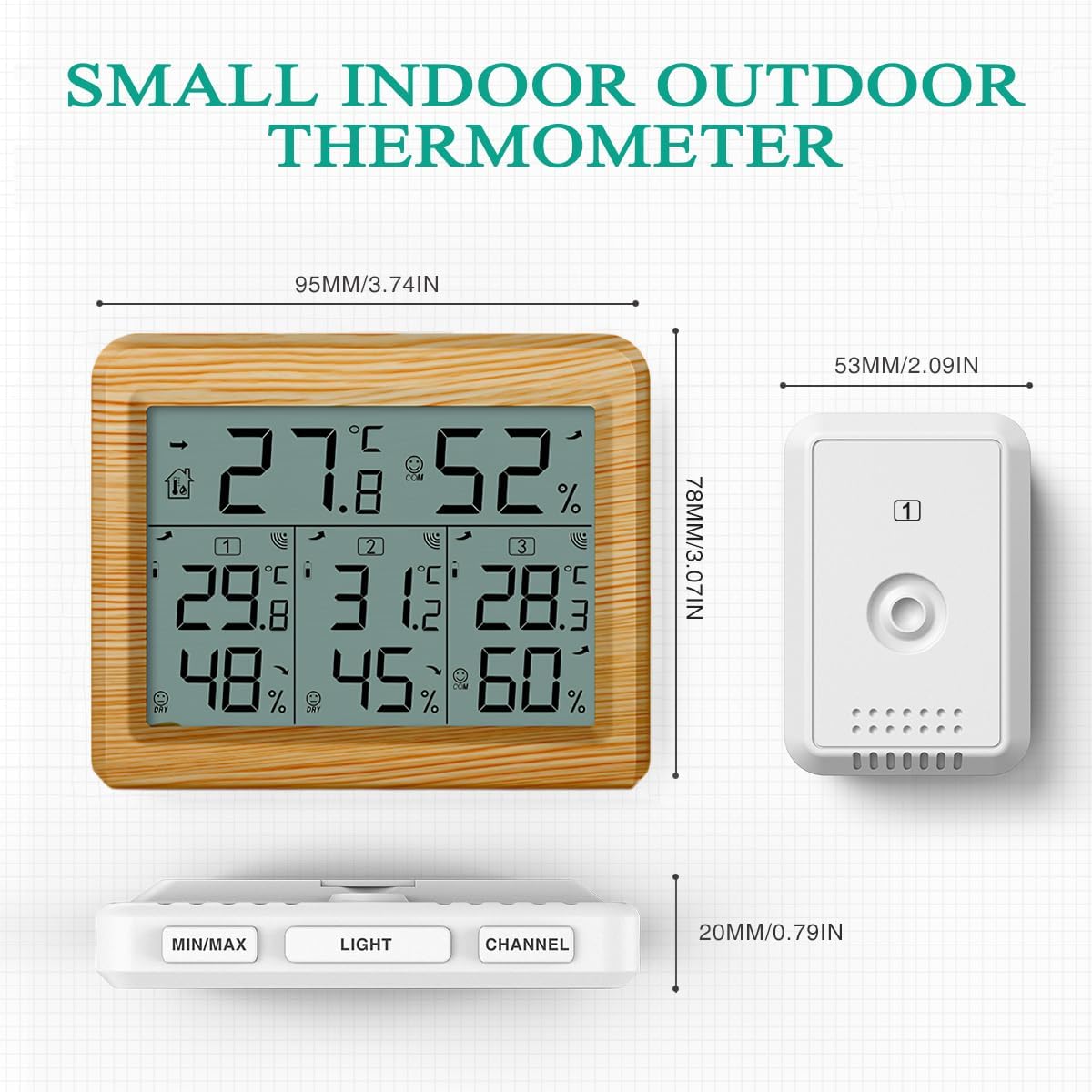 Diagram showing the dimensions of the ORIA main thermometer unit (95mm x 78mm x 20mm) and a wireless sensor (53mm x 20mm).