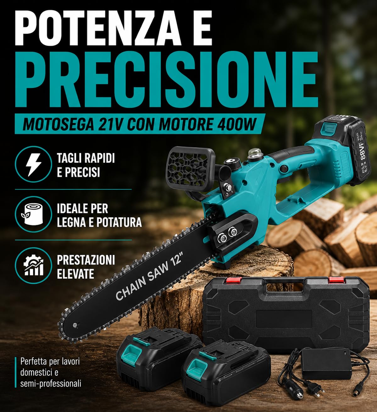 Motosega a Batteria 21V 400W con Lama 12" (30 cm) – Doppia Batteria Litio Inclusa, Motore Brushless, Lubrificazione Automatica, Valigetta e Accessori – Per Taglio Legna e Potatura