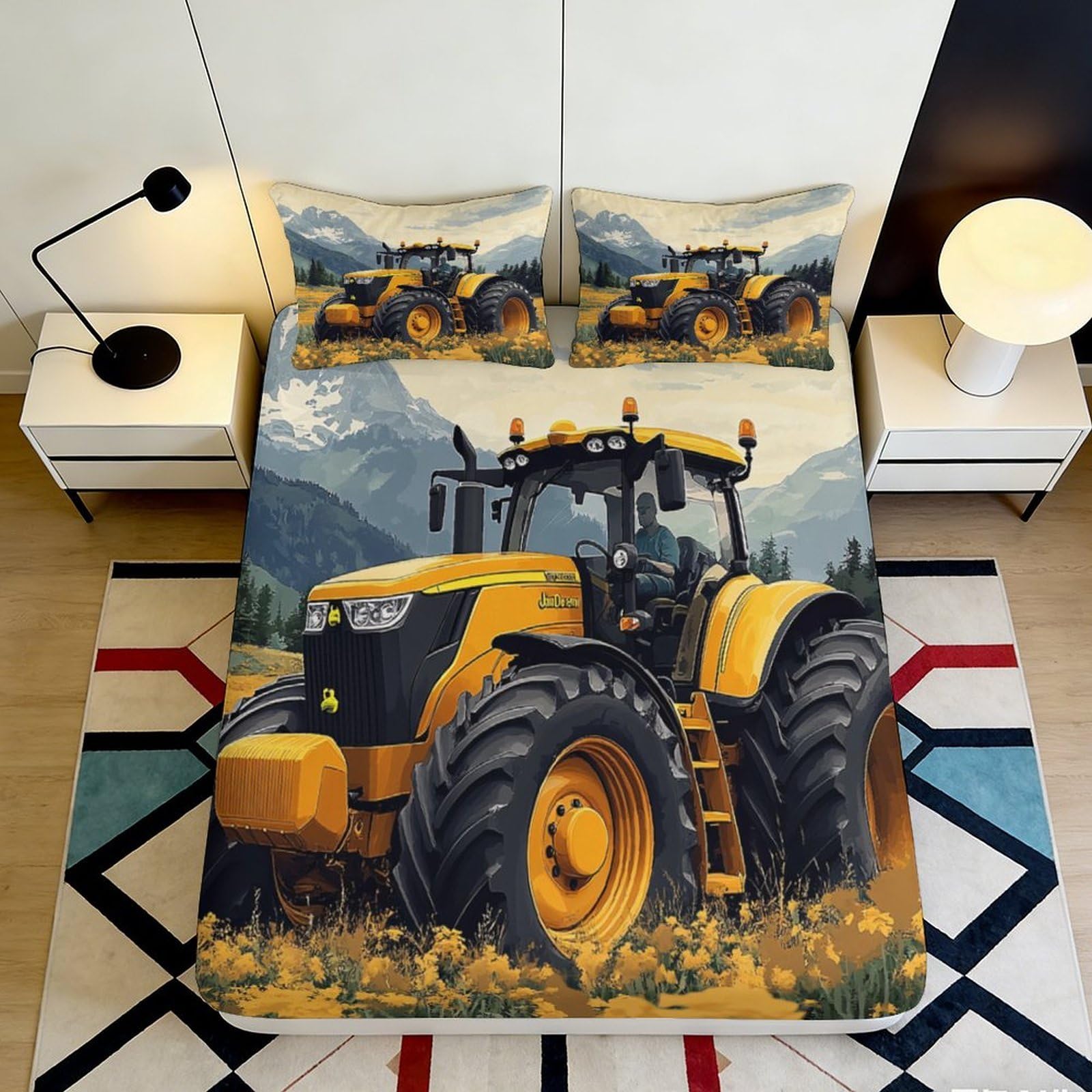 Pnayamiorkfel Style-1 3D Printed Yellow Tractor Fitted Sheet Microfiber Farm Landscape Bed Cover For Bedroom Guest Room Machine Washable 90X200x25cm