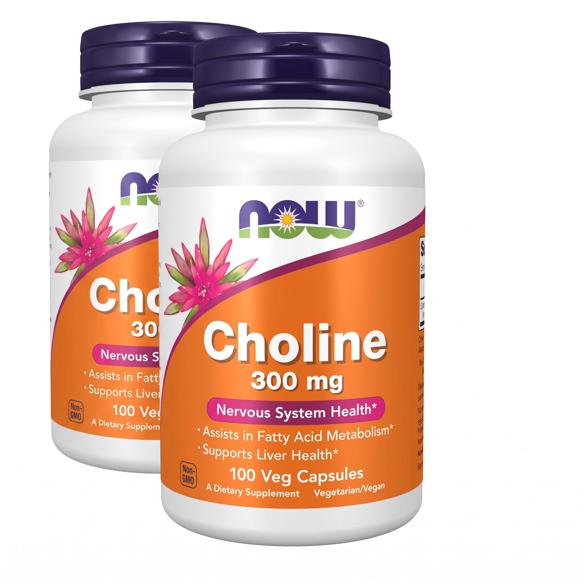 Now Supplements Choline 300 mg, 100 Veg Capsules - Supports Nervous System and Liver Health*, Vegan, (Pack of 2)
