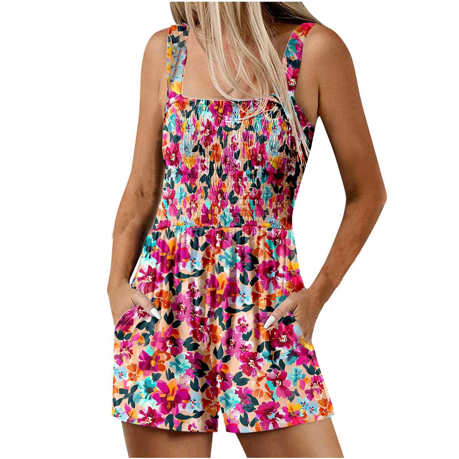 Mono Mujer Verano,Mono Corto para Mujer Peto Corto para Mujer de Una Pieza Sin Mangas Corto con Tirantes Monos de Vestir Mujer Mono de Verano con Estampados de Flores Informal Traje de Pantalón