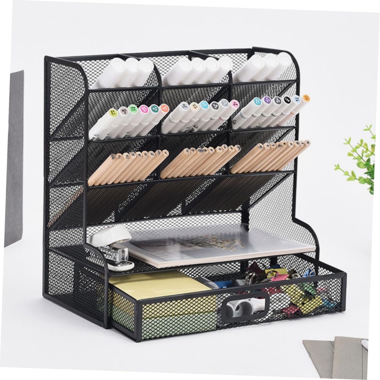 POPETPOP Organizer da Scrivania in Metallo Multifunzionale con Scomparti Portapenne Inclinato per Ufficio Studio e Camera Compatto e Leggero per Cancelleria e Piccoli Oggetti