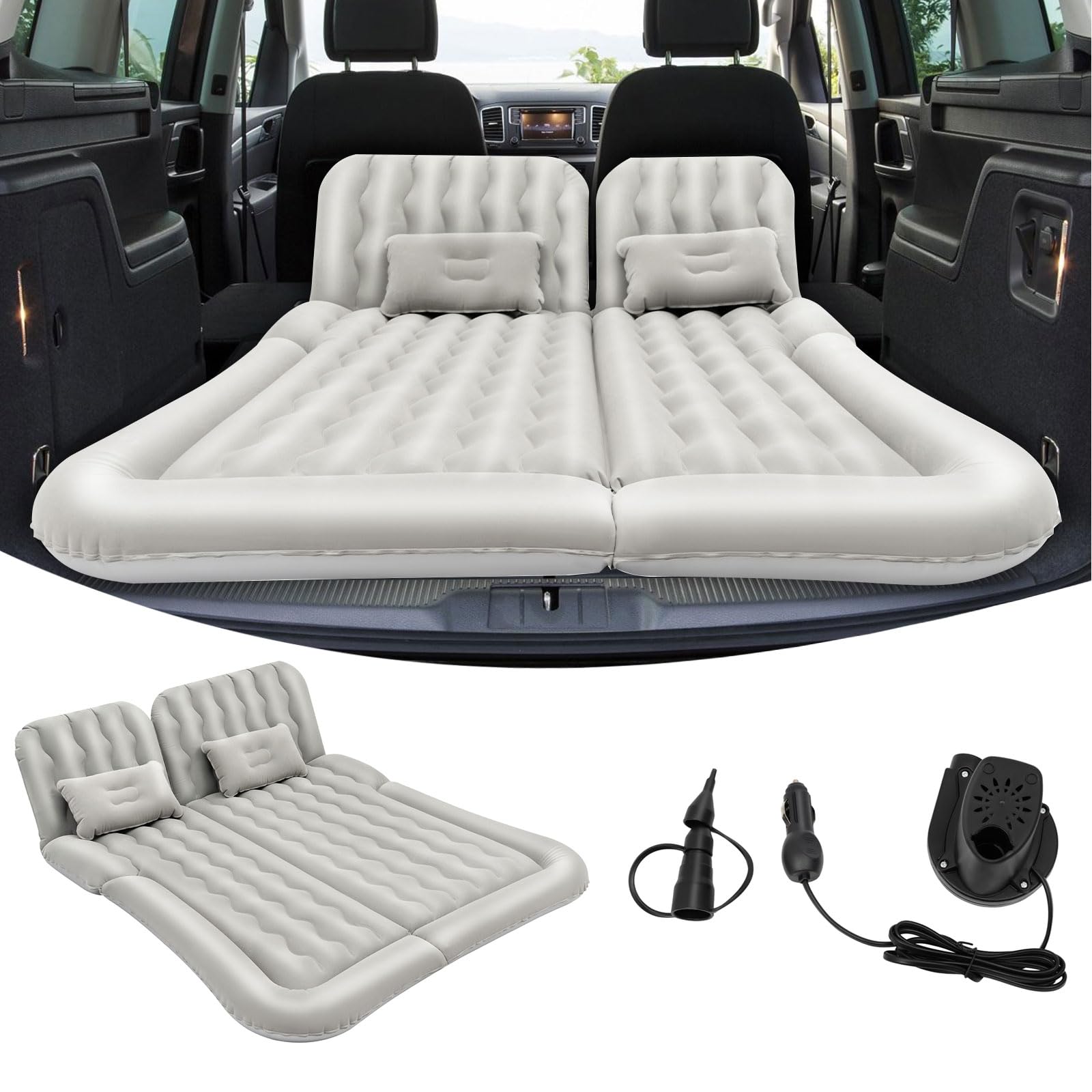 Materasso ad aria SUV, materasso gonfiabile per auto, con pompa ad aria e 2 cuscini, portatile, doppio lato spesso, per campeggio, viaggi, attività all'aperto (grigio)
