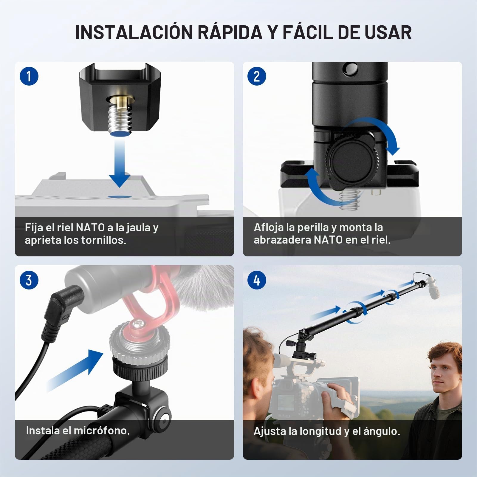 NEEWER Boom Pole Micrófono Fibra Carbono, 44-92cm Extensible, 3,5mm Cable TRS Macho a Hembra Integrado, Clavo NATO, Montaje Zapata Fría, 180° Tilt, Carga Máx 500g para Entrevistas y Cine, BP01