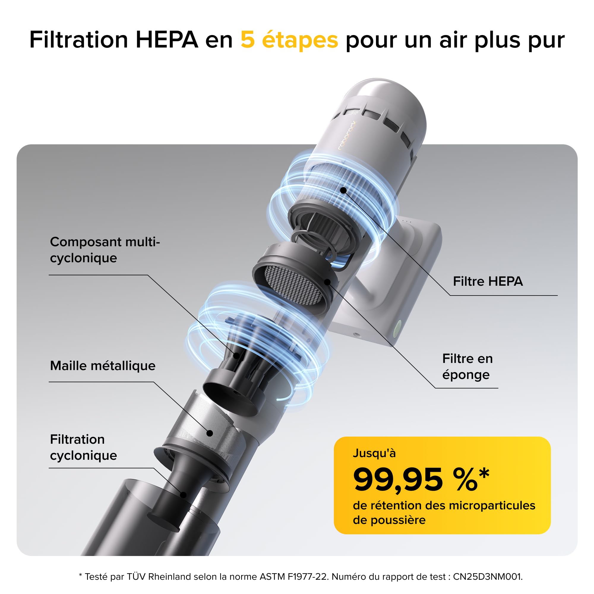 roborock H60 Aspirateur Balai sans Fil, 115 AW, 60 Min d’Autonomie | Tube Pliable 180°, LED Détecte‑Poussière, Brosse Anti‑Emmêlement pour Tapis, Sols et Poils d’Animaux, Léger et Polyvalent