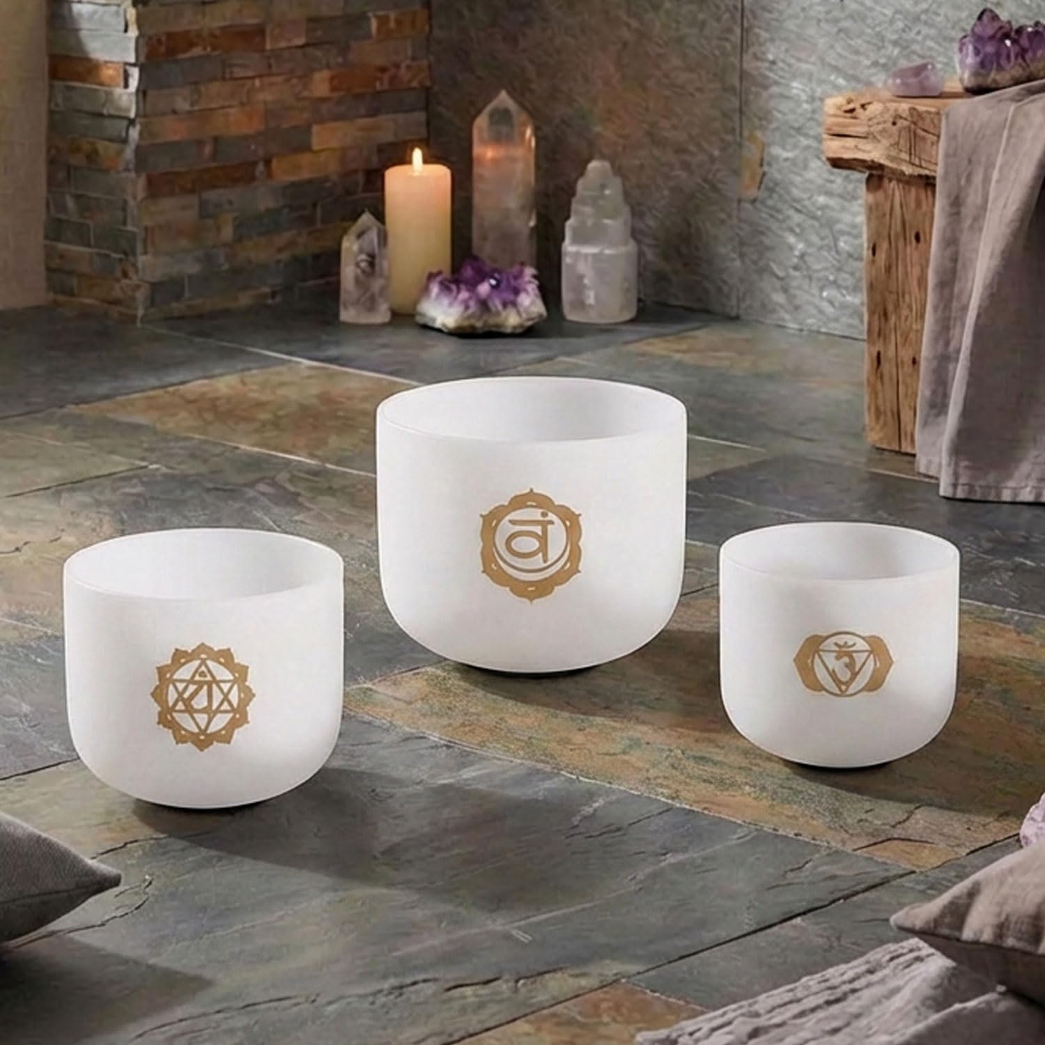 keepdrum Ensemble de bols chantants en quartz OM Pro Gold 3 chakras avec accessoires