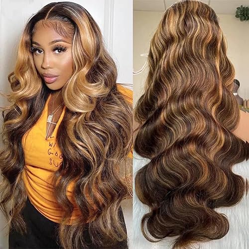 Highlight Ombre Lace Front Wig Human Hair 13x4 HD Transparent 26 Inch 4/27 Honey Blonde Lace Front Wigs Human Hair 180% Density Pre Plucked With Baby Hair Body Wave Glueless Wigs Human Hair (26 Inch)