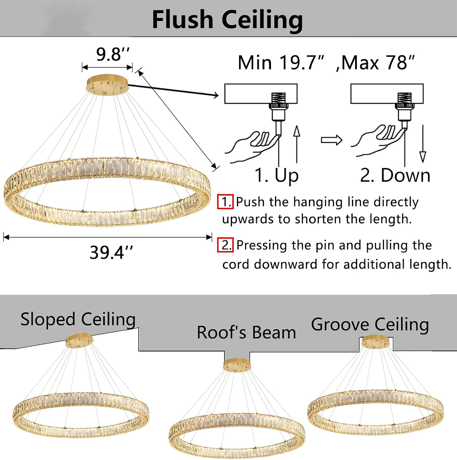 haixiang modern crystal chandelier dimmable large ring led pendant lights adjustable glam chandeliers lighting fixtures for dining room living room bedroom gold light gold 1 ring : 40"