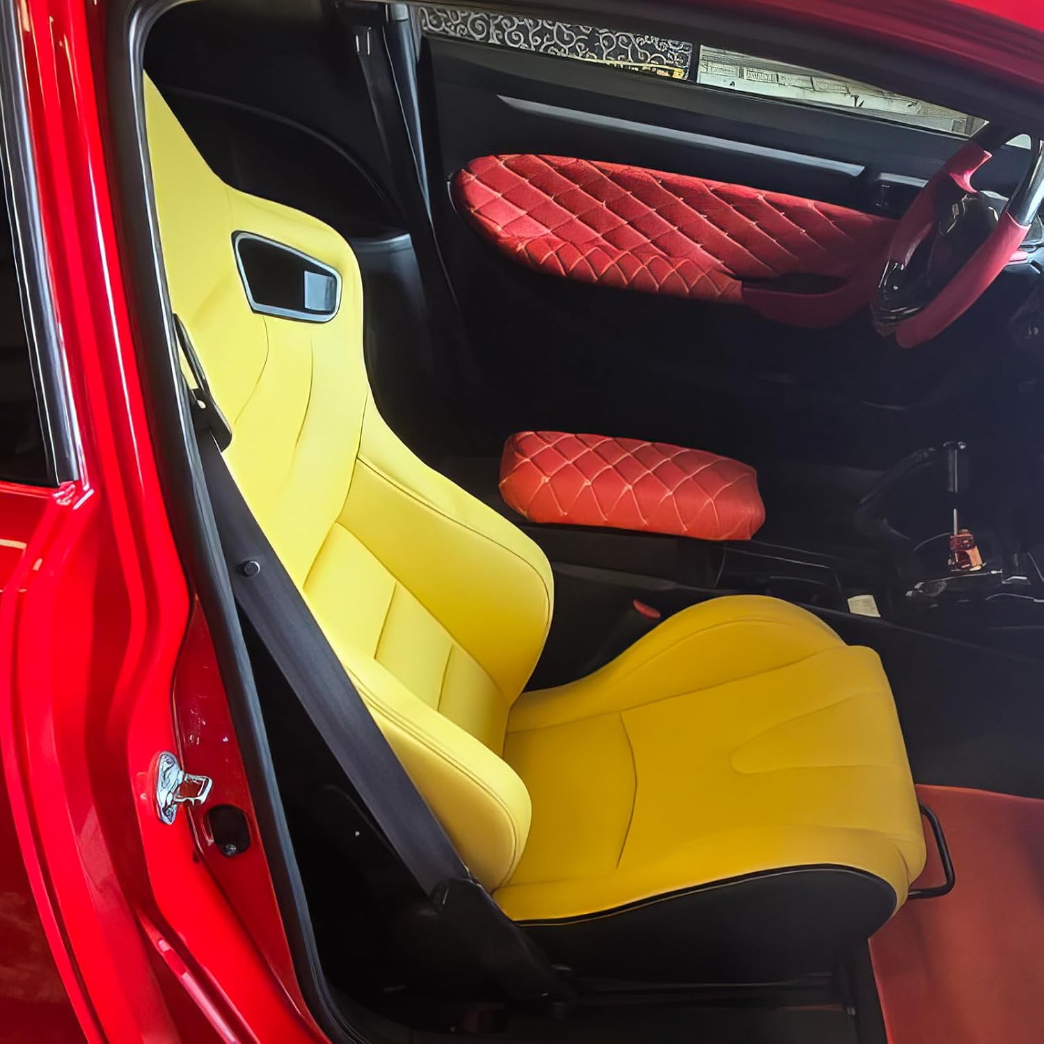 Universal Pairs of Racing Seat with Dual Sliders, PU Leather Front+Carbon Leather Back Reclinable Bucket Seat, Yellow w/LOGO