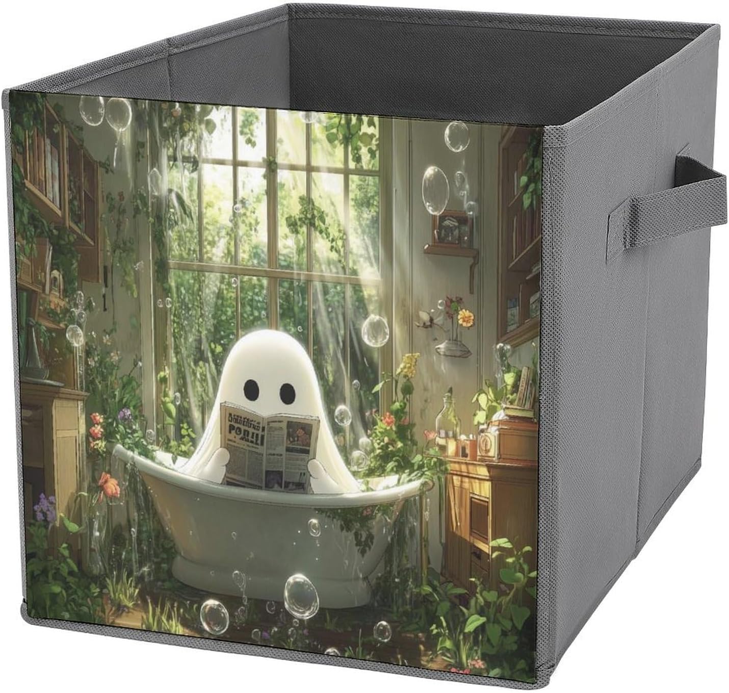 Cute Ghost Reading Newspaper in Bathtub Cube Storage Bins Funny Bathroom Bubbles Whimsical Fantasy Storage Cubes Foldable Decorative Fabric Storage Baskets Home Organizers with Handles for Shelves,Clo