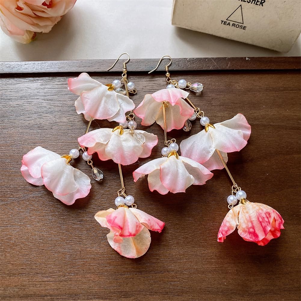 Bohemian Fabric Flower Tassel Dangle Drop Earrings Unique Petal Butterfly Sparkly Crystal Pearl Gold Stud Earrings For Women - Image 5