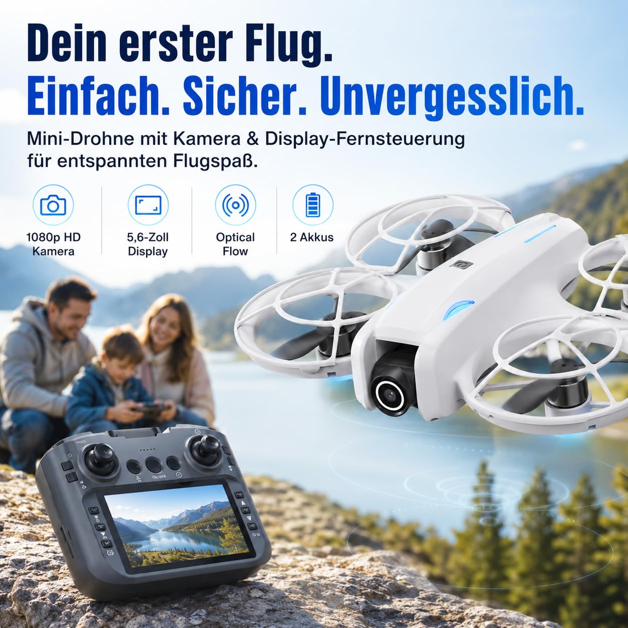 Mini Drohne mit 1080p HD Kamera & WiFi FPV, 5,6" Display Fernsteuerung, Optical Flow Stabilisierung, Auto Return, Bürstenloser Motor, 2 Akkus, 100 m Reichweite, Indoor & Outdoor