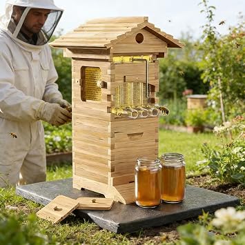 Beehive Starter Kit for Outdoor Garden Self-Flowing Complete Bee Box with Observation Window & Honey Spout,Includes 4 Frames,6 Honeycomb Trays,Carpenter Bee House for Pollinators,Durable