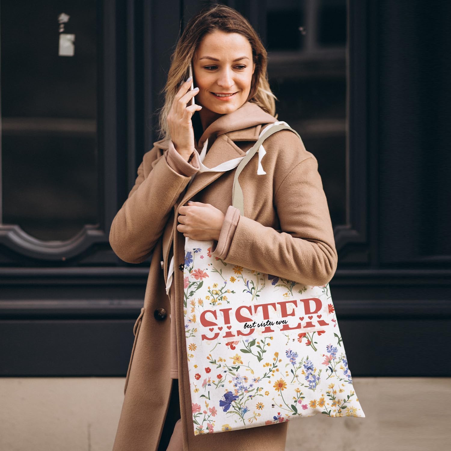 Sister Gifts Floral Tote Bag, Mother's Day Birthday Gifts for Sister from Grandkids Grandsons Granddaughters Canvas Tote Bags for Women, Reusable Grocery Shopping Bag - Image 4