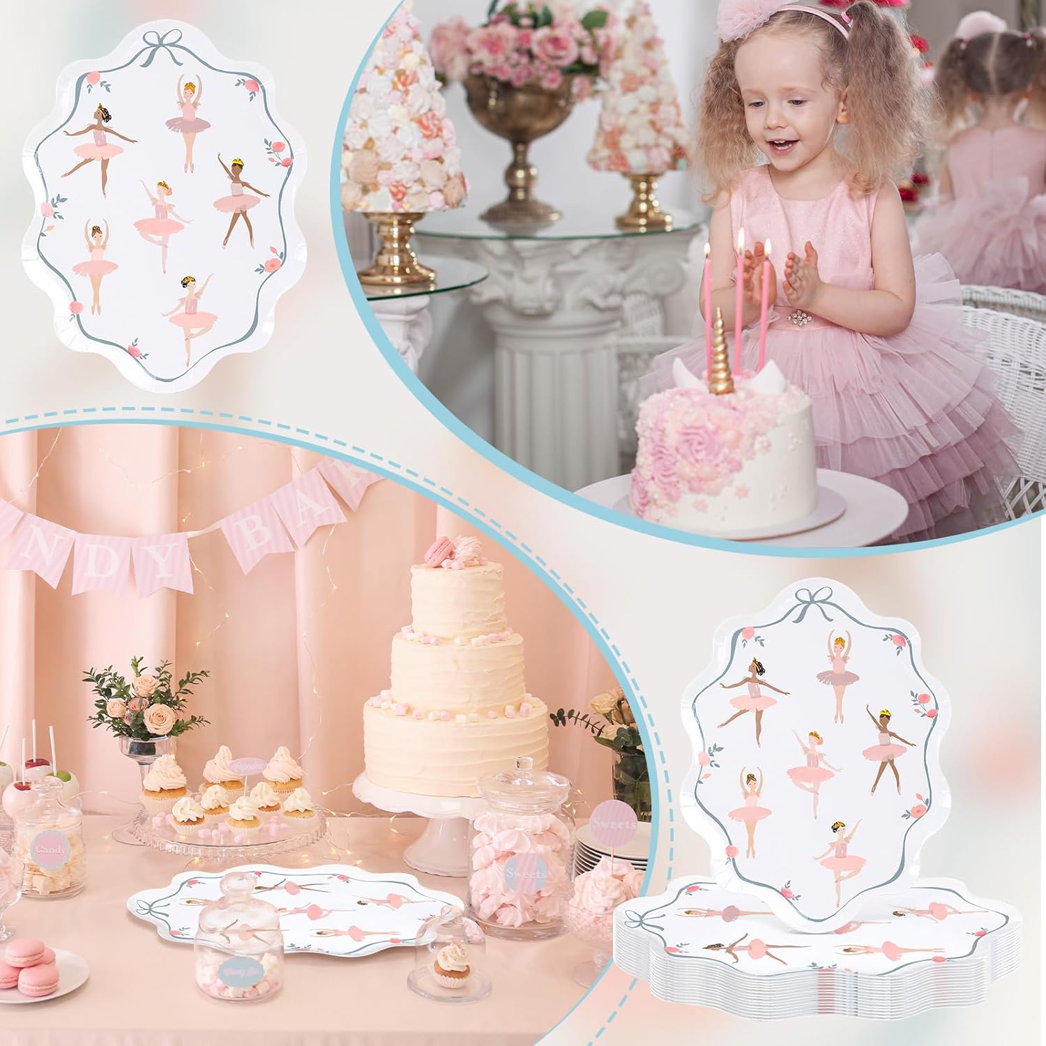 LemonRoad 50 Pcs Ballerina Disposable Plates Pink Tutu Ballet Dancer Girls Paper Plates for Wedding Baby Shower Birthday Party Favors