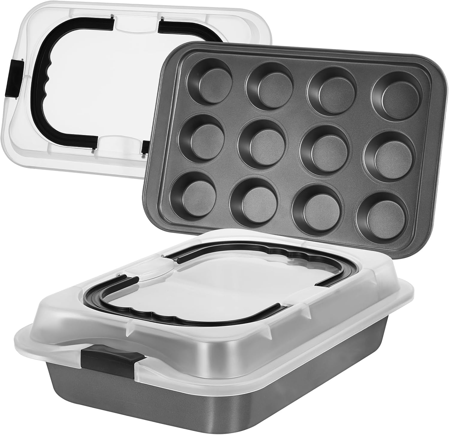 Qinyoung 2 Pcs 9" x 13" Cake Baking Pan with Lid 12 Cup Nonstick Muffin Pan with Handle Cupcake Carrier with Lid Carbon Steel Nonstick Bakeware for Brownie Baking Kitchen Cooking Holiday Party