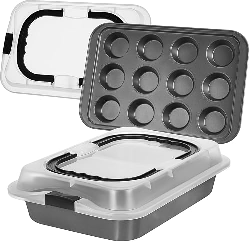 Qinyoung 2 Pcs 9" x 13" Cake Baking Pan with Lid 12 Cup Nonstick Muffin Pan with Handle Cupcake Carrier with Lid Carbon Steel Nonstick Bakeware for Brownie Baking Kitchen Cooking Holiday Party(Black)