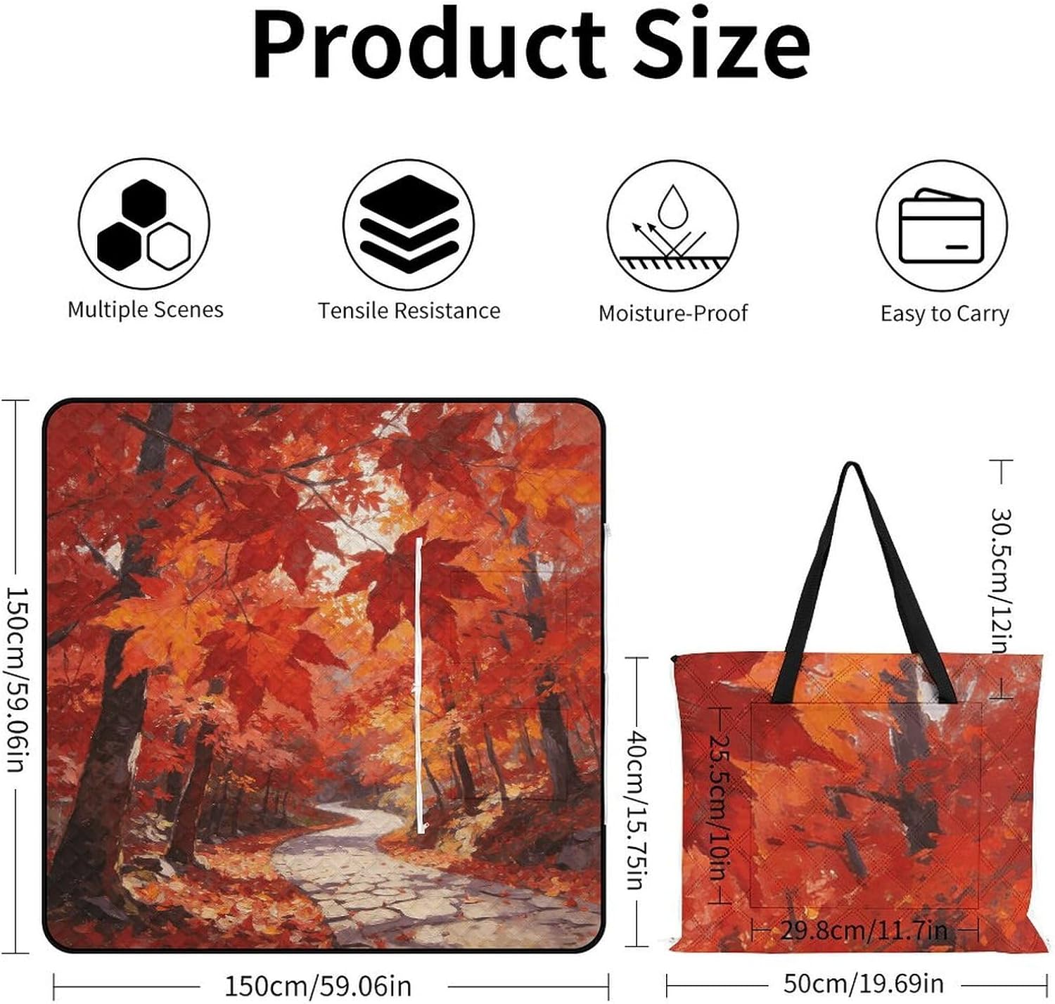 Red Oil Painting Picnic Blanket with Zipper Water Resistant Sand Free Picnic Mat Washable Foldable Easy Carry Beach Blanket for Lawn Beach Hiking Camping