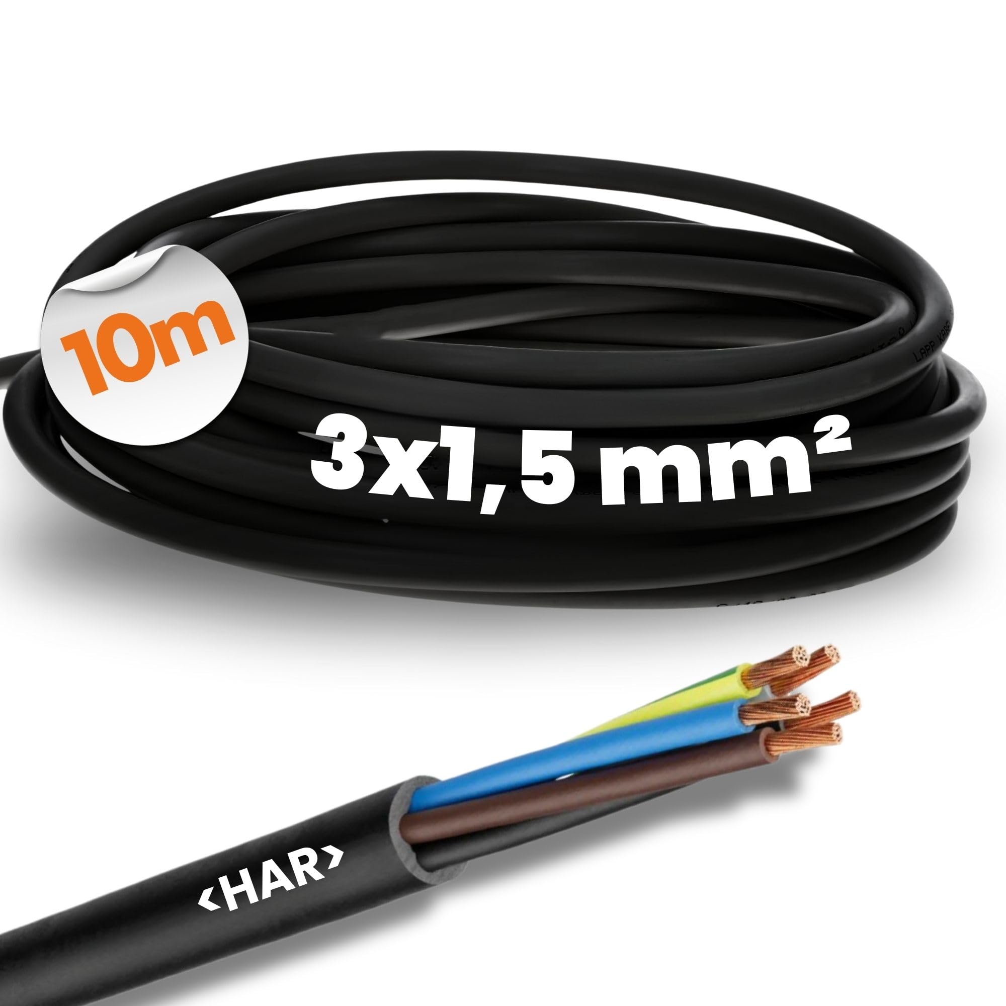 Lapp 1600200 H05RR-F - Cable de Alimentación 10 m, 3 x 1,5 mm² de Goma | Manguera flexible 3G1,5 para interiores y exteriores. Cable eléctrico ignífugo de cobre para taladros y electrodomésticos.