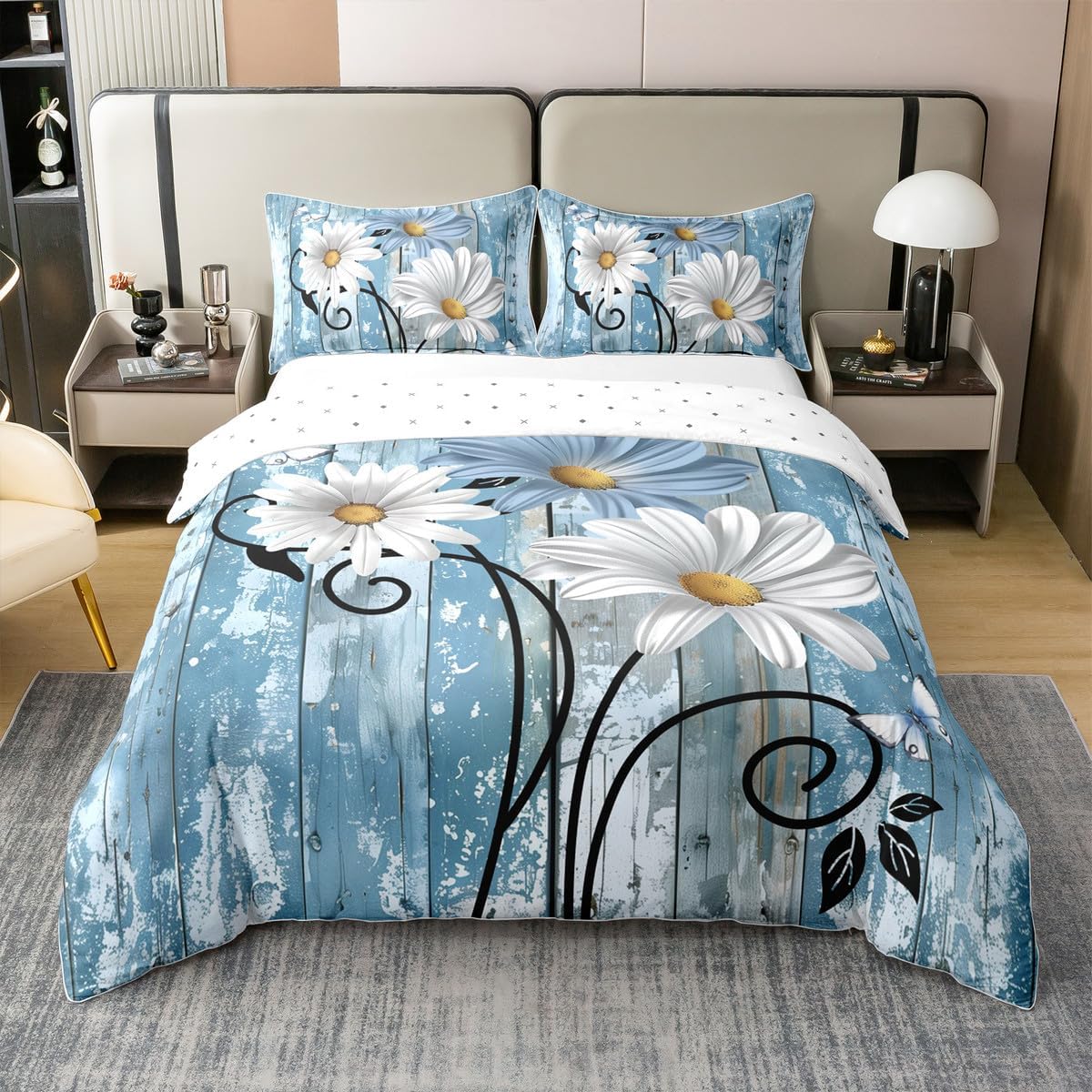 Erosebridal 2Pcs 100% Cotton Blue White Floral Comforter Cover,Twin Size Retro Rustic Farmhouse Wooden Board Bedding Set Butterfly Duvet Cover Country Vintage Botanical Leaves Flower Bedroom Decor