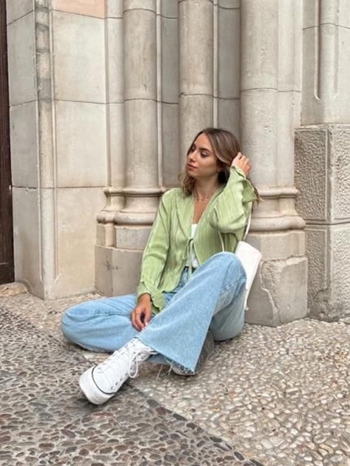 ZAFUL Women's Deep V Neck Tie Front Top Flare Sleeve Plisse Pleated Blouse Shirt Top Y2k Vintage Streetwear - Image 3