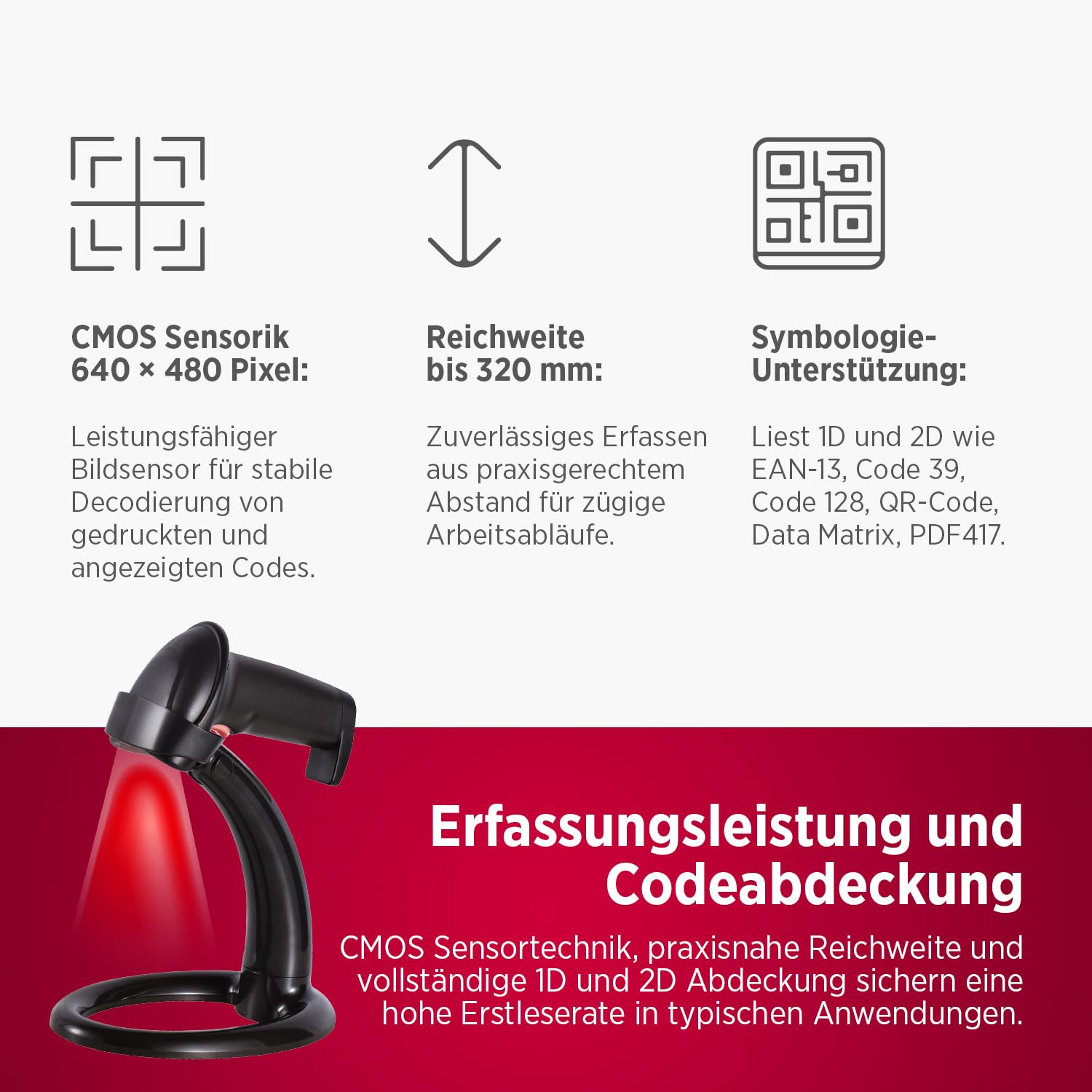 Olympia LS 6100 2D LED Barcode Scanner | Hochpräziser Handscanner mit USB | Schnelles Scannen von 1D & 2D Codes | Robuster Barcode-Scanner für Handel, POS & Industrie | Scannen in jeder Umgebung