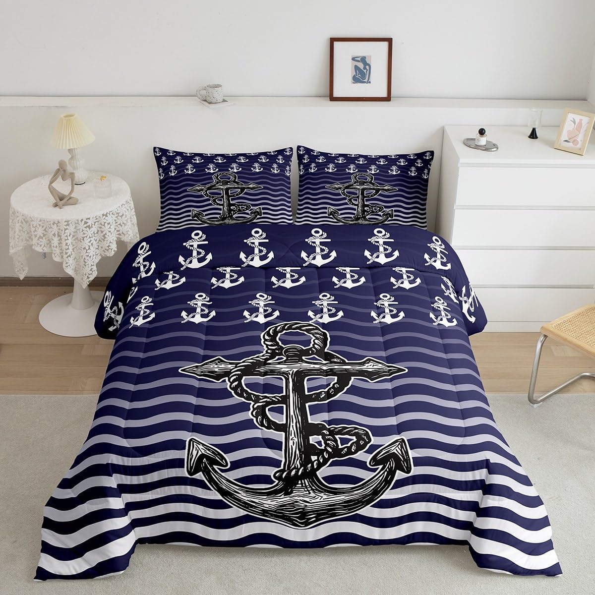 Feelyou Anchor Decor Bedding Set Full Size Dark Blue Ombre Comforter Set for Teens Nautical Theme Comforter Ocean Quilt Set 3Pcs Multi 04 Full