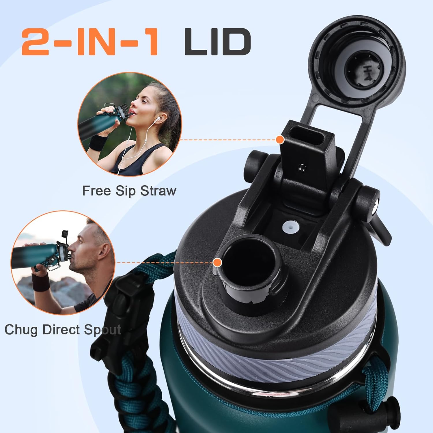 40 oz Insulated Water Bottle with Straw& Spout 2-in-1 Lid, Triple Wall Vacuum Stainless Steel Cold 48H, Leak Proof Sports Metal Flask Jug with Paracord Handle, Indigo Black - Image 3