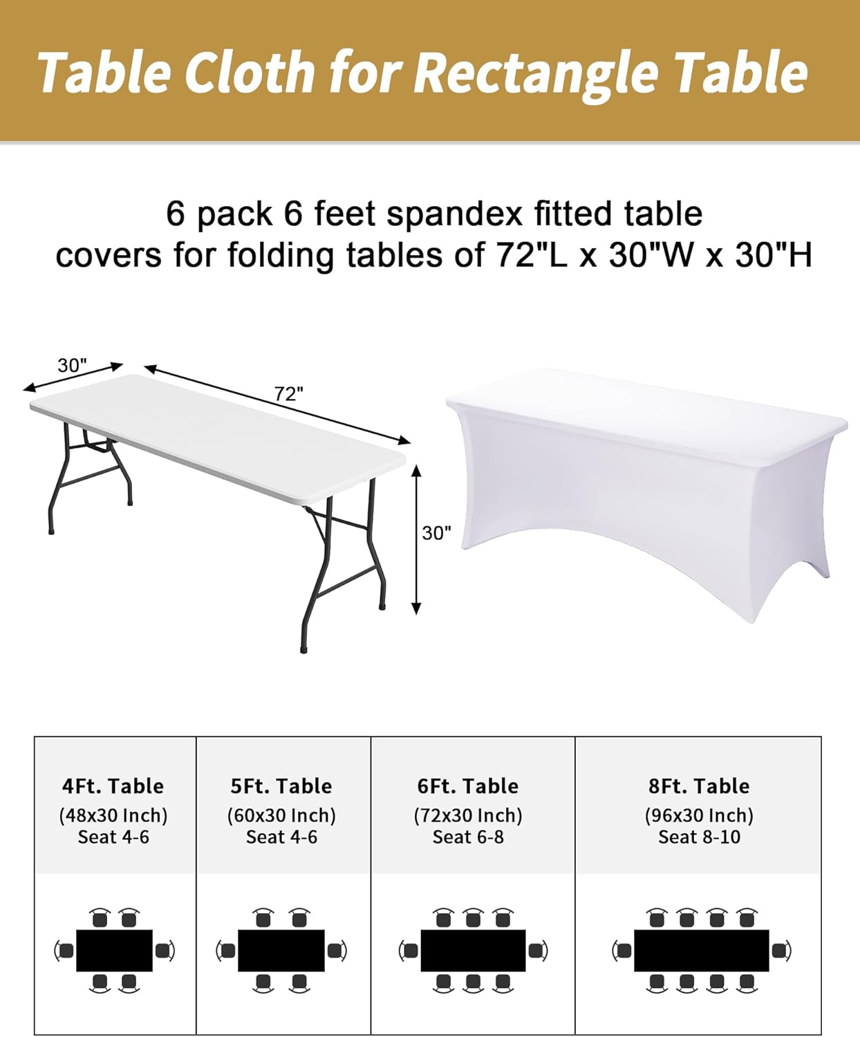Fixwal White Table Cloth for 6FT Rectangle Tables, 6 Pack Rectangular Tablecloths Stretch Spandex Fitted Table Covers 6FT for Parties, Trade Shows, Banquet, Weddings, Buffet, Graduation Decorations