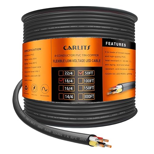 Miniatura 9 de Cable eléctrico de calibre 22 y 4 conductores, cable negro trenzado de 50 pies de bajo voltaje 22/4, funda de PVC, cable de alimentación