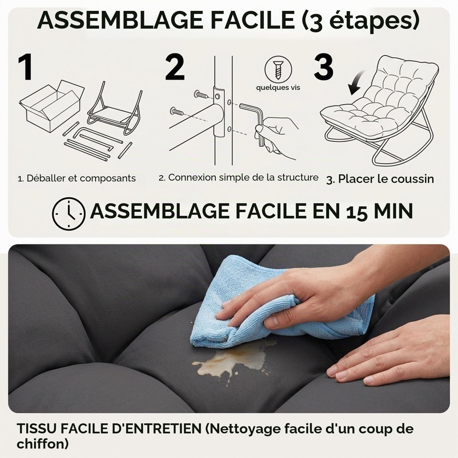 Rocking Chair avec Repose-Pieds, Fauteuil à Bascule avec Coussin, Chaise a Bascule d'Intérieur et d'Extérieur, Charge 150kg, pour L'ExtéRieur,L'IntéRieur,Le Jardin Patio Rocking Chair (Gris)