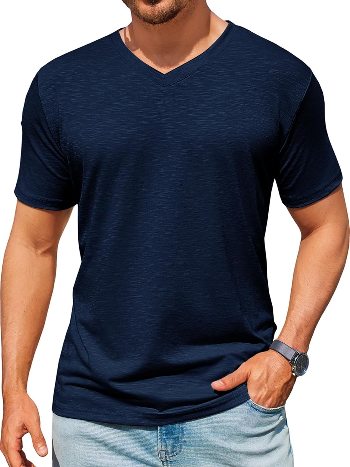 Runcati Mens T-Shirts Short Sleeve V Neck Casual Classic Shirt Summer Stretchy Regular Fit Lightweight Tees