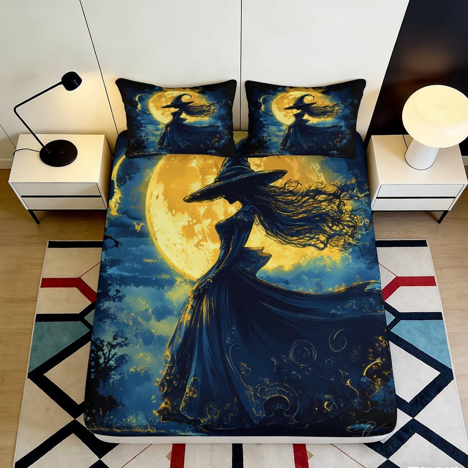 3D Printed Witch Moon Fitted Sheet Microfiber Soft Bedroom Decor Gothic Night Mattress Cover for Home Dorm 90x200x25cm