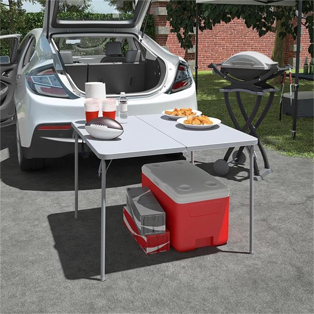 Pemberly Row XL 38.5" Fold-in-Half Card Table, Gray Resin, Pinch-Free Locking, Wheelchair Accessible, Handle for Easy Storage and Transport, Non-Marring Legs, Indoor Outdoor Use, Lightweight Portable