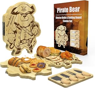 Pirate Bear Charcuterie Cheese Board with 4 Cheese Knives Bamboo Folding Portable Charcuterie Tray Perfect Choice for Christmas Birthday Gifts for Women Men