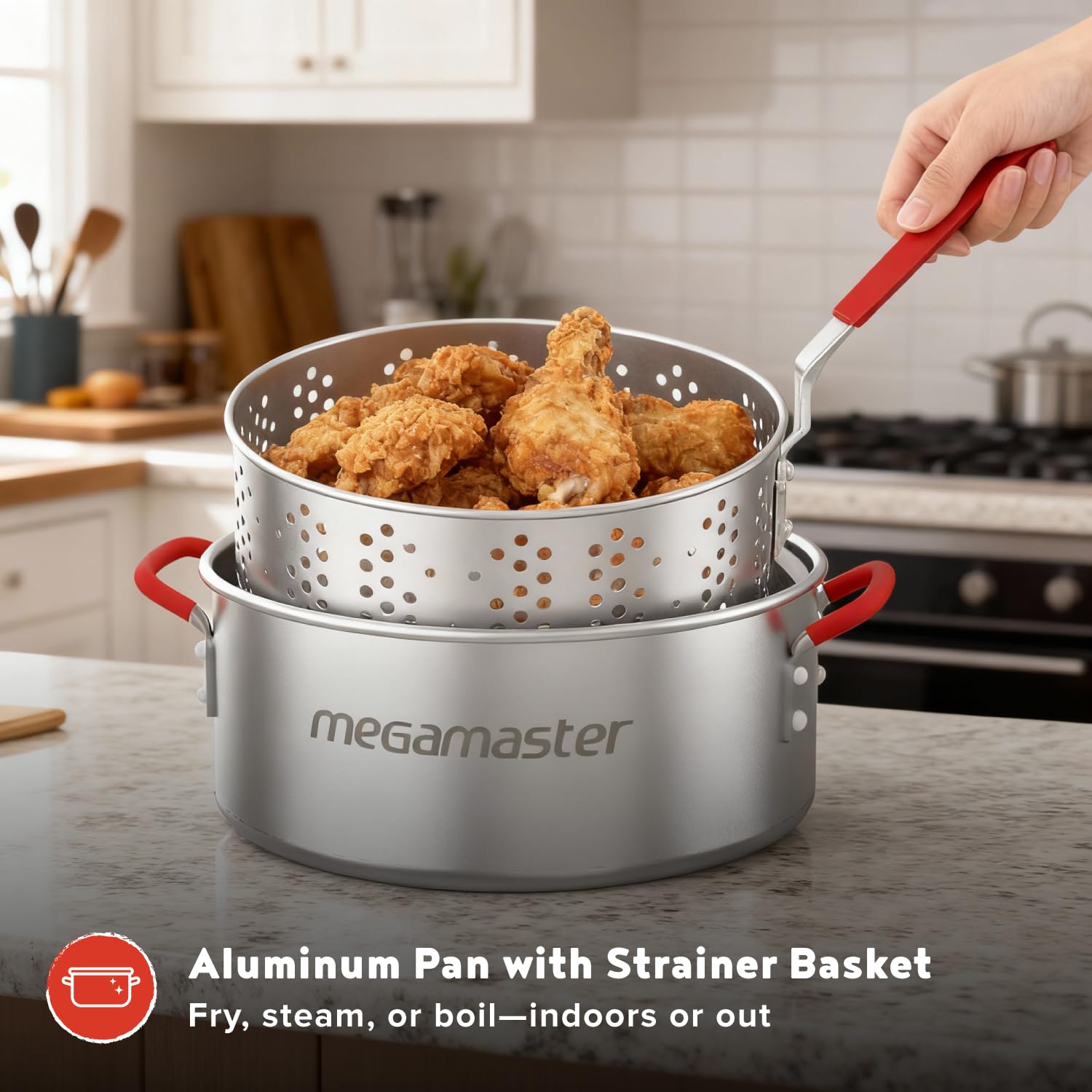 Megamaster Aluminium Fish Fryer Pot with Basket, 10.5QT Deep Fryer with Easy Grip Handle, Outdoor Propane Fryer Pot for Cooking Chicken Wings, Seafood, French Fries - 630-13004