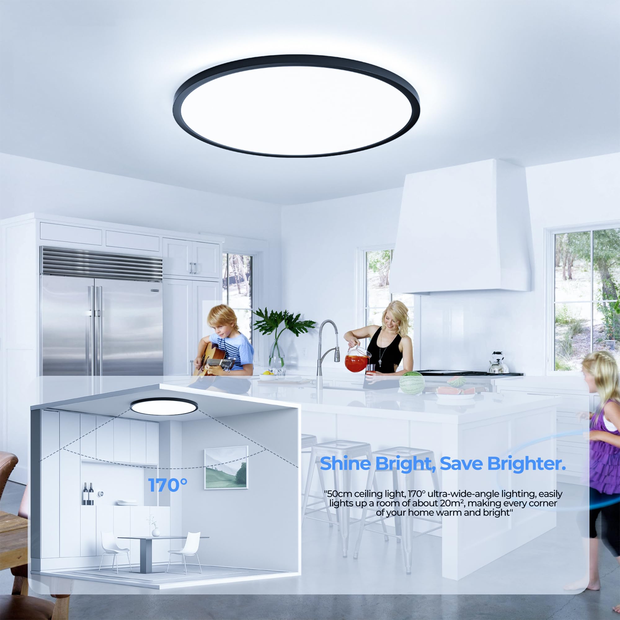 OTREN Plafonnier LED 52W, 5200LM Moderne Rond Luminaire Intérieur, IP44 Etanche Lumière de Salle de Bain, Ultra Mince Noir Lampe de Plafon pour Salon Chambre Cuisine Bureau, Blanc Froid 6500K, Ø50cm