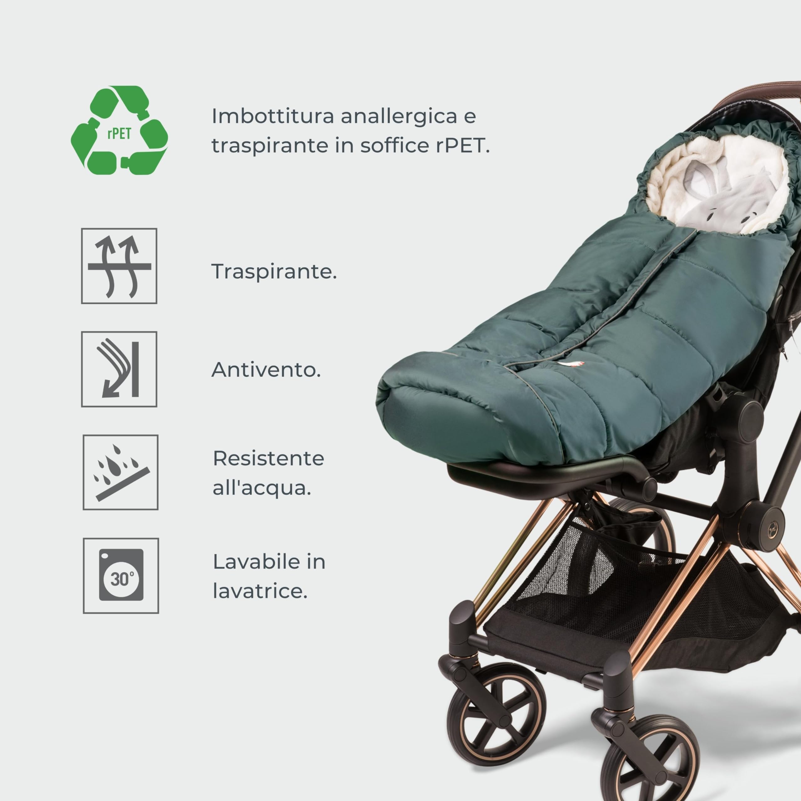 Nuvita 9605 Junior Cuccioli | Sacco Universale per Passeggino con Animaletti | Perfetto per Bambini da 6 a 36 Mesi (100 cm) | Resistente al Freddo fino a -13°C | Verde Moovo