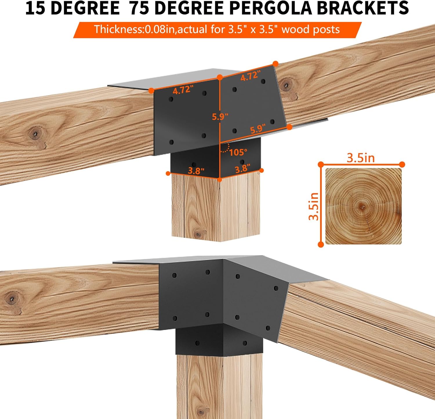 3-Way Pergola DIY Bracket,15° Up and 75° Down Slant Angle Brackets for 4" x 4"(Actual:3.5" x 3.5") Lumber for Outdoor Pergola,Proch,Log Cabin W/Hardware - 4Pack…