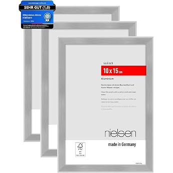 Nielsen Atlanta Picture Frame 10 x 15 cm Set of 3 Aluminium Matte Silver Photo Frame for Standing in Portrait and Landscape Format Shatterproof Artificial Glass