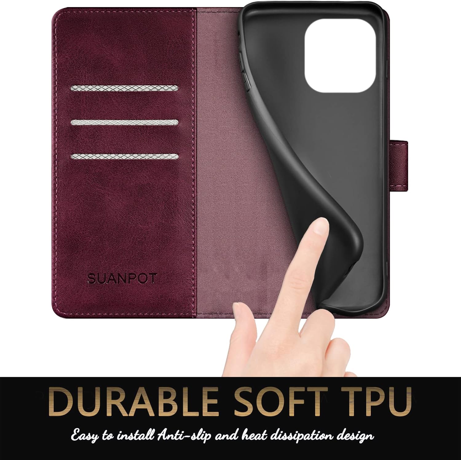 SUANPOT for iPhone 14 Pro Max 6.7" Wallet case with RFID Blocking Credit Card Holder,Flip Book PU Leather Protective Cover Women Men for Apple 14 ProMax Phone case Wine Red - Image 6