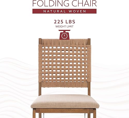 Miniatura 4 de Bennett - Juego de 2 sillas plegables naturales con respaldo de cuerda tejida y asiento tapizado de lino Linon