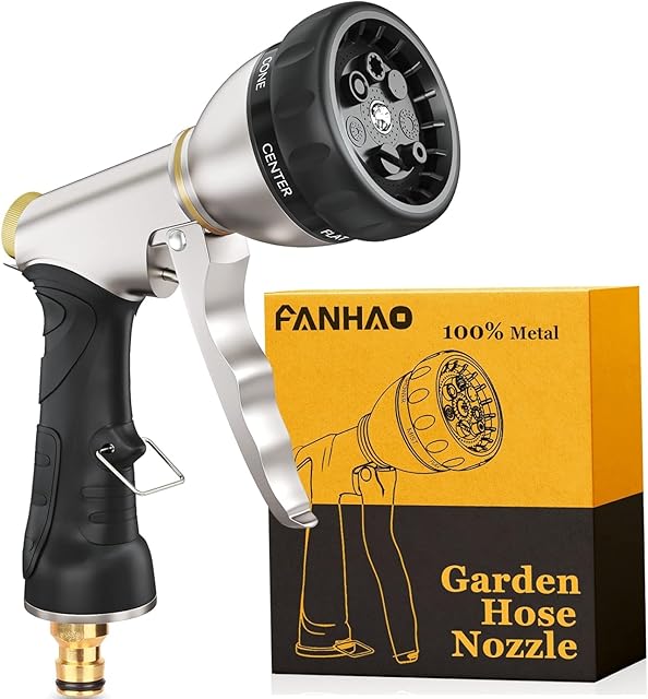 FANHAO Hose Pipe Spray Gun, 100% Heavy Duty Metal Garden Hose Spray Gun with 7 Spray Patterns, High Pressure Hose Nozzle with Ergonomic Handle for Watering Plants & Lawns, Washing Cars & Pets